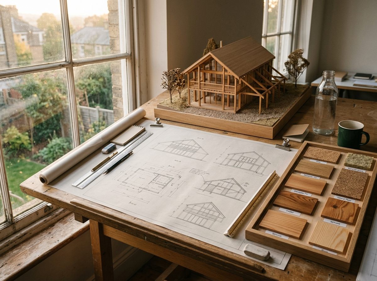 Établi d'atelier d'architecture avec plans, échantillons de bois et maquette de maison en bois