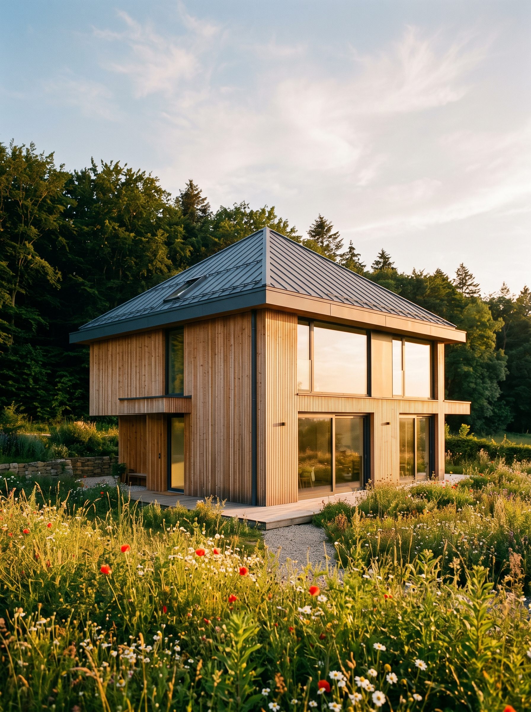 Maison contemporaine à ossature bois au Luxembourg, bardage mélèze vertical et grandes baies vitrées, en lisière de forêt