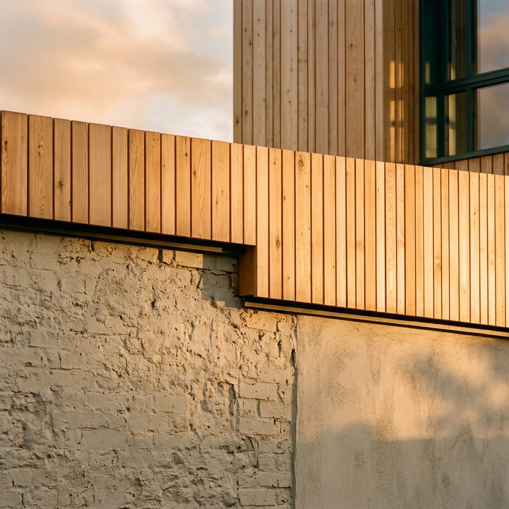 Détail de jonction entre la façade ancienne enduite et le nouveau volume en bois