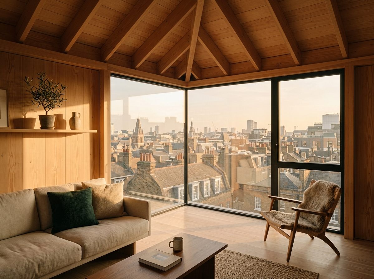 Intérieur de la nouvelle chambre en toiture, fenêtre d'angle sur les toits