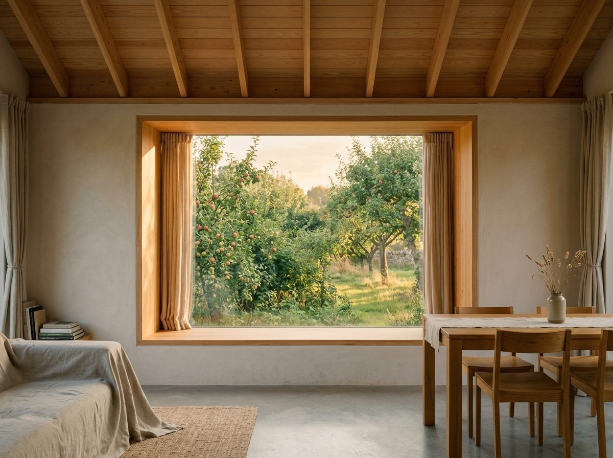 Intérieur lumineux avec vue sur le verger à travers une fenêtre en mélèze