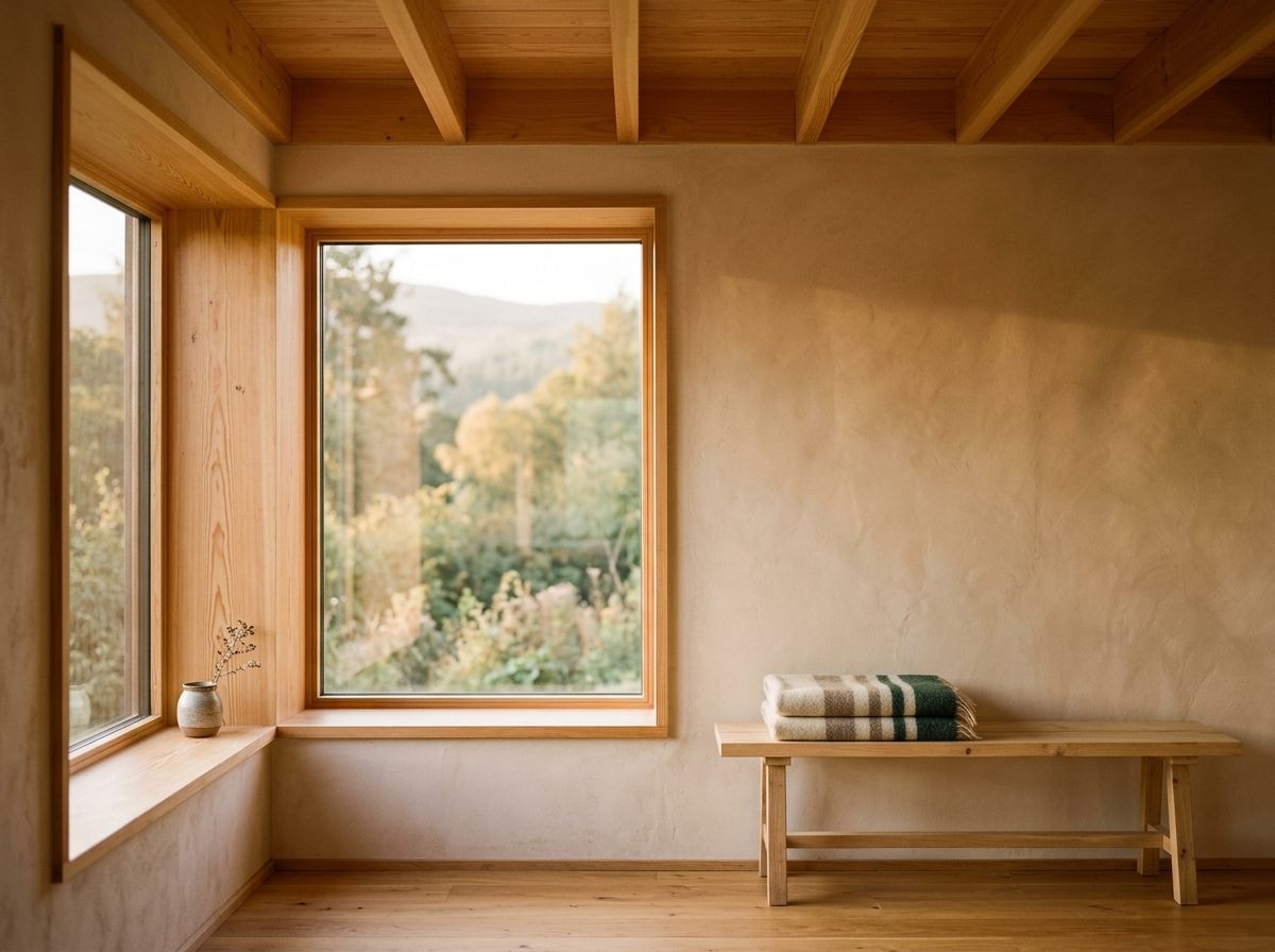 Intérieur lumineux de maison passive avec embrasure en mélèze