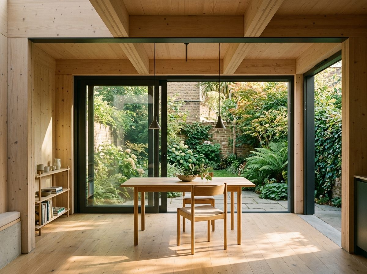 Intérieur d'extension en CLT apparent ouvert sur un jardin de ville à Belair