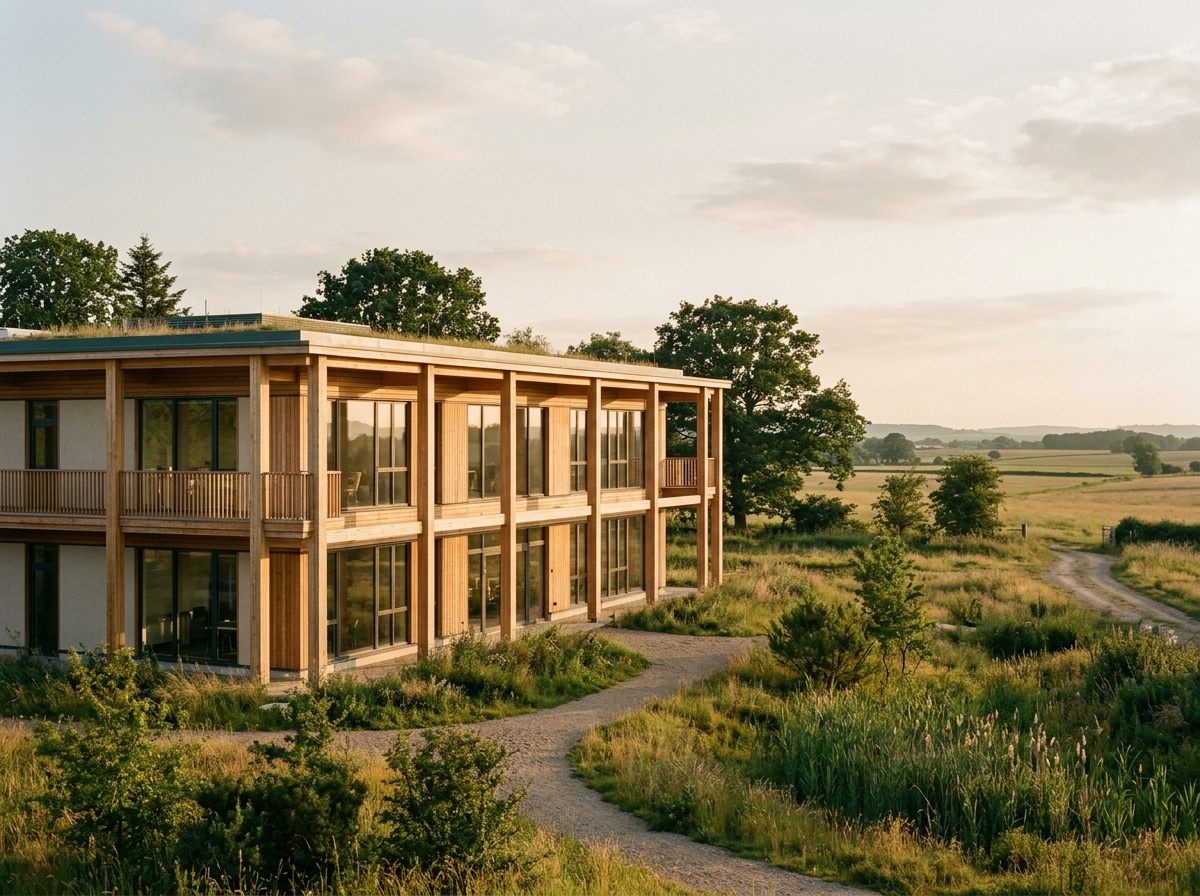 Extérieur du bâtiment de bureaux à structure bois lamellé-collé